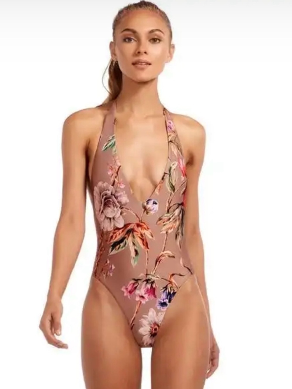 Vitamin A Emma Mauve Floral Halter One-Piece Swimsuit